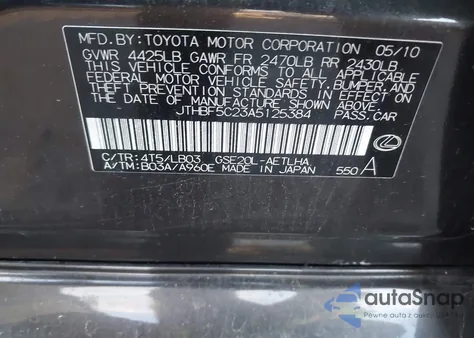 2010 Lexus Is 250 from USA, damaged, VIN JTHBF5C23A5125384